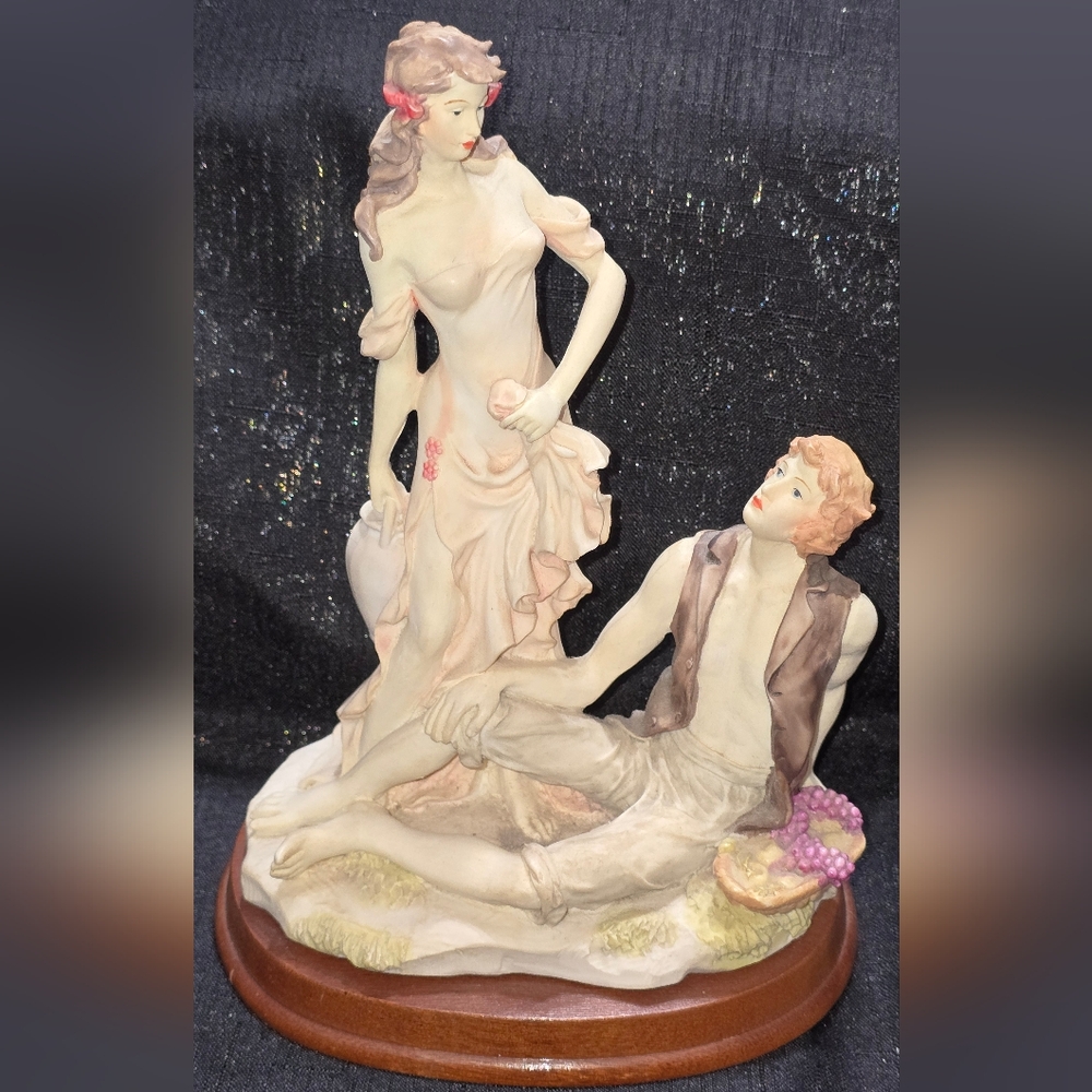 Vintage Boy And Girl Figurine On Wood Base